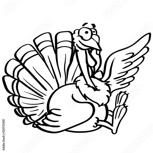 outline coloring cartoon turkey with a smile on white background