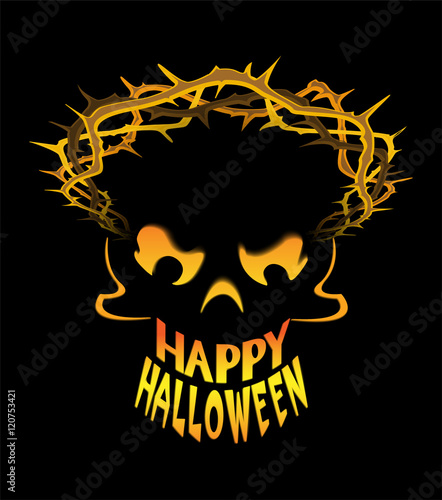 Halloween greeting poster with the scary smiling sceleton on the black background