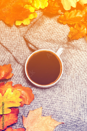 Hot Coffee cup with autumn leaves over wooden background. Abstra