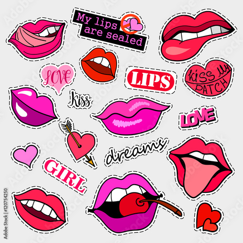 Fashion patch badges. Lips set. Set of stickers, pins, patches and handwritten notes collection in cartoon 80s-90s comic style. Trend. Vector illustration isolated. Vector clip art.