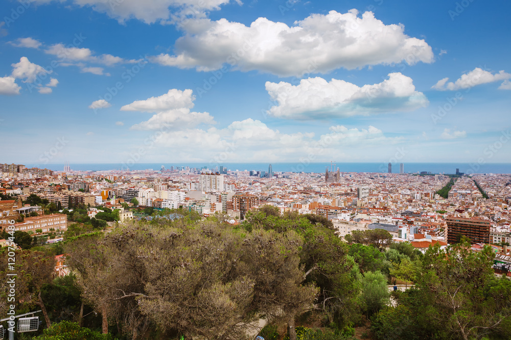 Panoramic view of Barcelona from Park Guell in a summer day in Spain