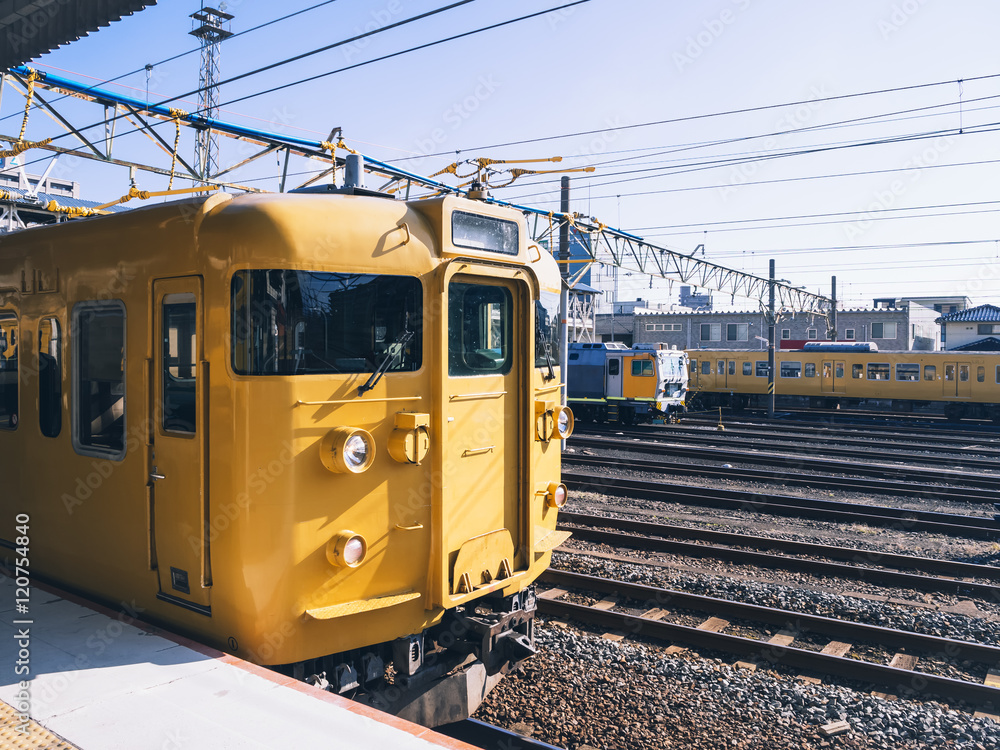 Obraz premium Japan Train at Local Train Track Railway Station Vintage style 