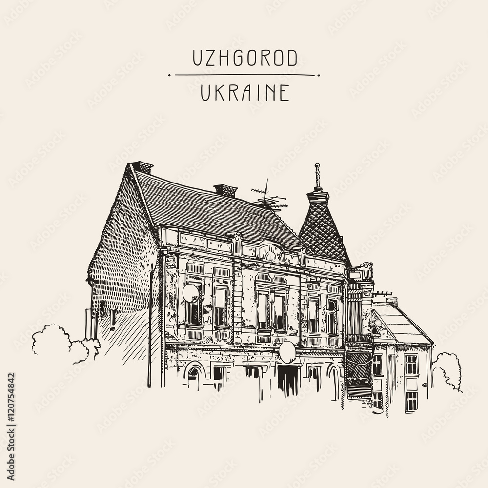  sketch of Uzhgorod cityscape, Ukraine, town landscape with hand