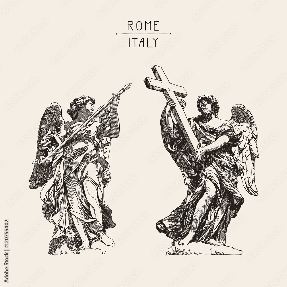 drawing of marble statue of two angels from the Sant'Angelo Brid Stock ...