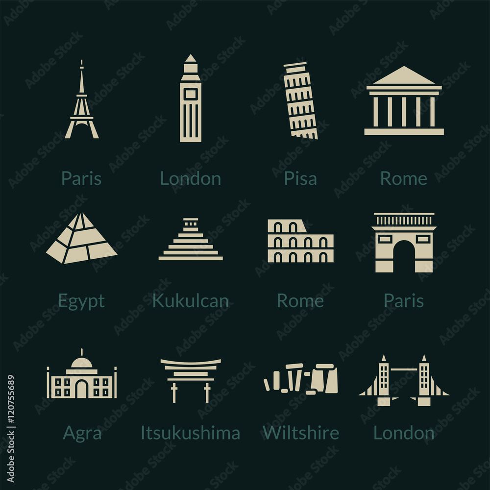 World landmarks outline icons set World landmarks outline icons set