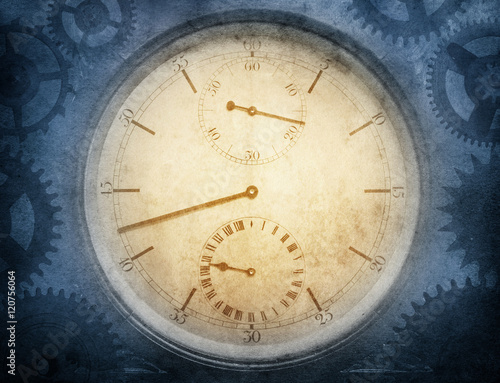 Grunge clock face and gear. Retro style.