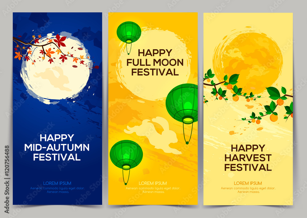 Happy Harvest Mid Autumn Festival. Three banners of full moon festival ...