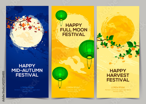 Happy Harvest Mid Autumn Festival. Three banners of full moon festival with persimmon tree, chestnut tree, rabbits and lantern. Stock vector