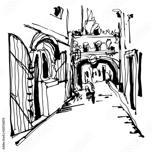 ink sketching of historic narrow cobbled street in Budva Montene