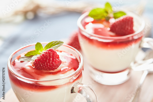 Panna cotta with rasperry and mint topping with strawberry sauce