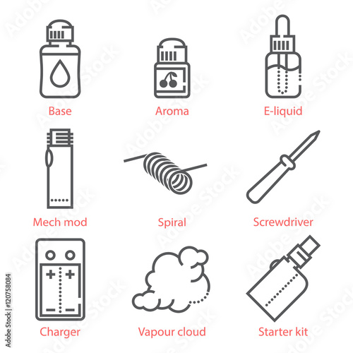 Vector thin line icons set with vaping accessories and equipment for infographics and mobile UX UI kit