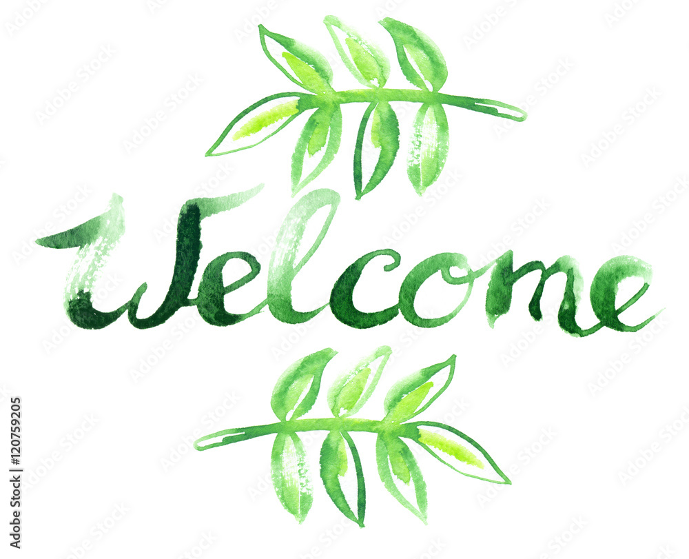 Welcome sign with two abstract green leaves painted in watercolor on