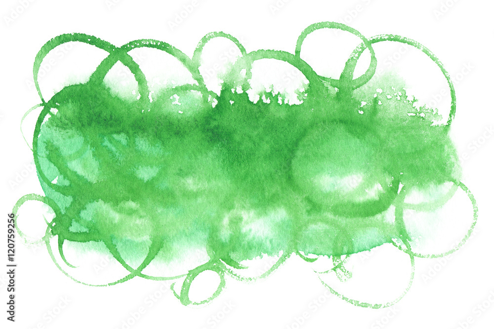 Green horizontal stripe with abstract circles painted in watercolor on ...