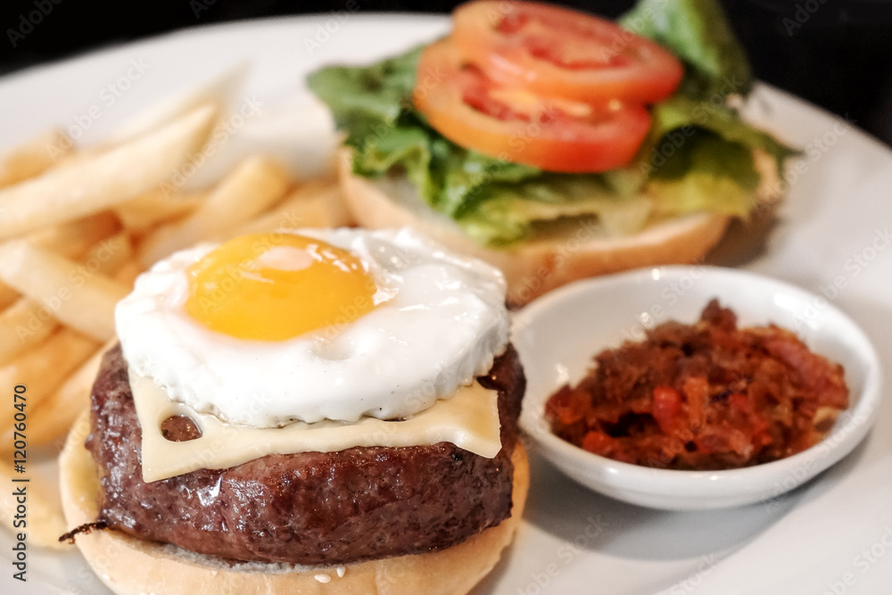 Burger with fried egg, cheese, tomato and vegetable Burger with fried egg, cheese, tomato and vegetable