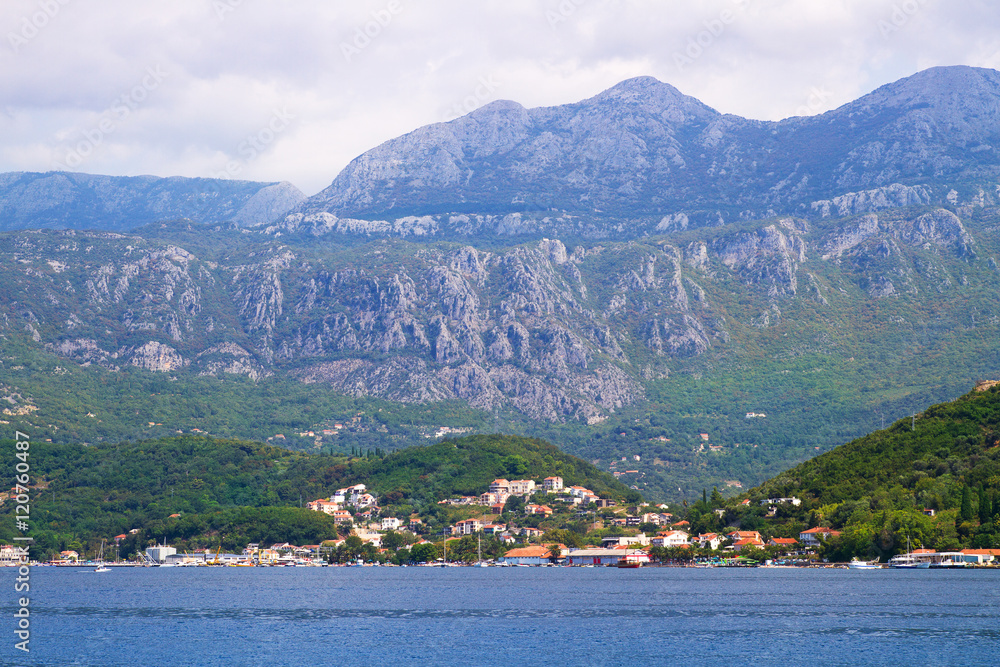 Old small town on sea coast. Herceg Novi - coastal town in Montenegro located at the entrance to the Bay of Kotor. Tourist travelling attraction