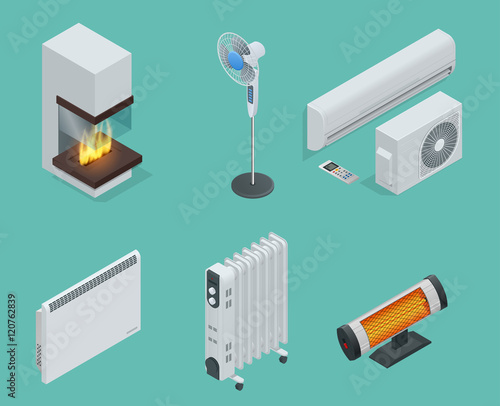 Home climate equipment isometric icon set fireplace, oil heater with screen controls, Convector Heater, electric heater, Infrared heater, conditioner, Fan