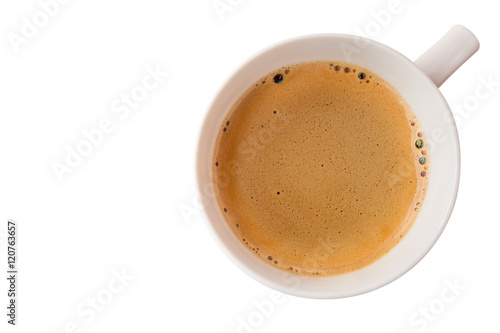 Hot coffee cup with clipping path top view isolated on white bac
