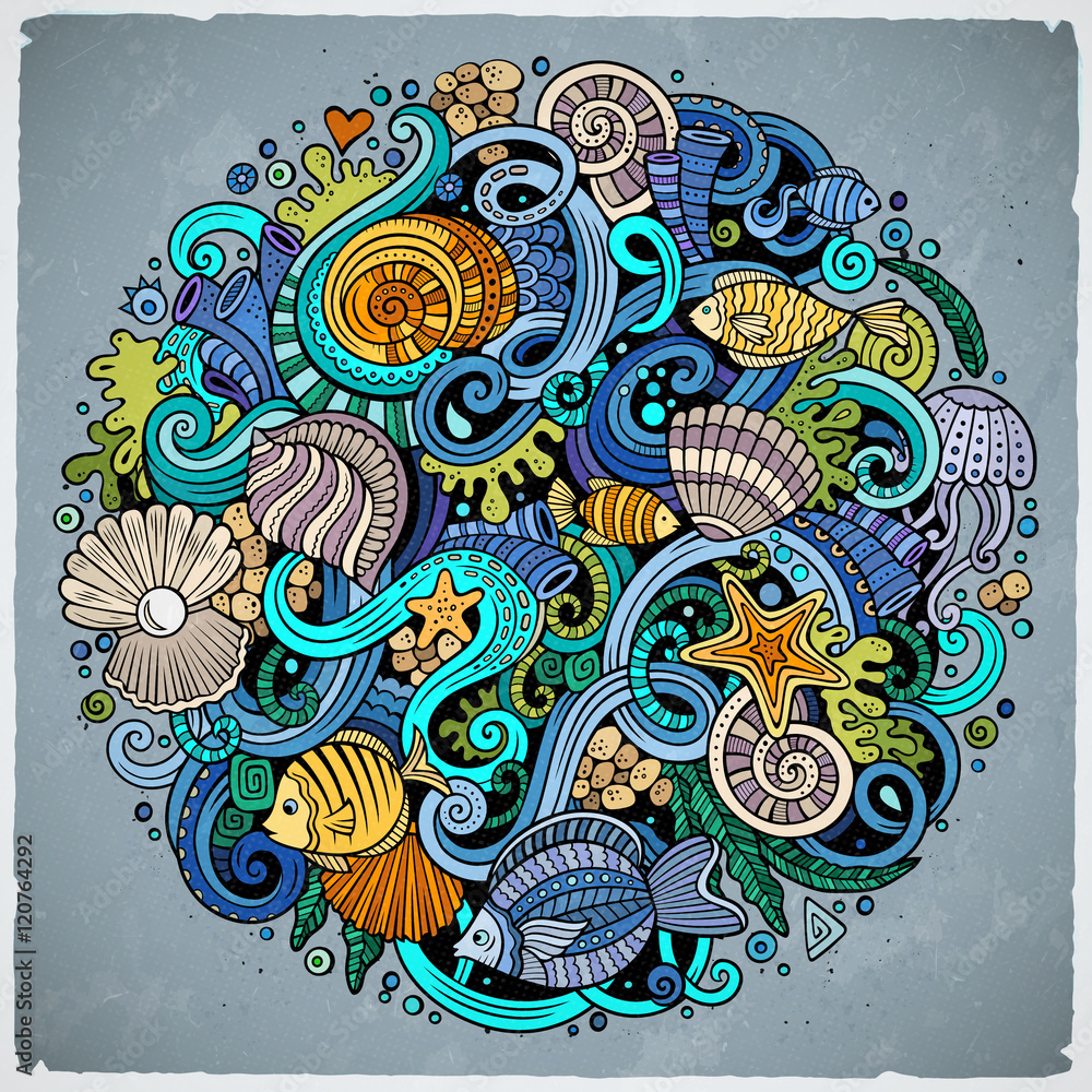 Fototapeta premium Cartoon hand-drawn doodles Underwater life illustration