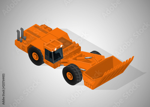 Vector isometric illustration of articulated backhoe excavator for underground mining. Equipment for high-mining industry.