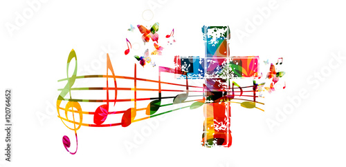 Canvas Print Creative music style template vector illustration, colorful cross with music staff and notes background