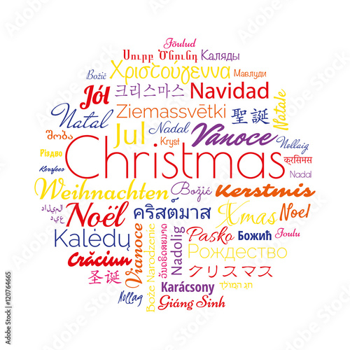 Christmas in different foreign languages of the whole world. Vector illustration for winter holidays.