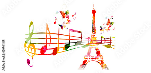 Creative music style travel template vector illustration, colorful Eiffel Tower with music staff and notes, musical Paris background. French landmark design for poster, brochure, banner, festival