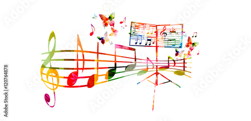 Fotografia Creative music style template vector illustration, colorful music stand with music staff and notes, choir singing background