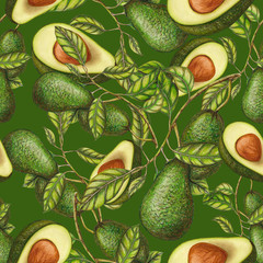 Acrylglasbilder Avocadomuster Handgezeichnete Avocados Muster Minimalistisch  © arevka