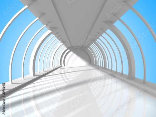 Obraz abstrakcyjna architektura, futurystyczny budynek z niebem w tle