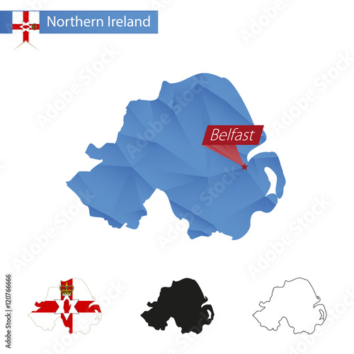 Obraz na plátně Northern Ireland blue Low Poly map with capital Belfast.