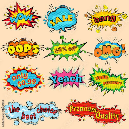 Comic sound effects in pop art vector style. Sound bubble speech with word and comic cartoon expression sounds illustration