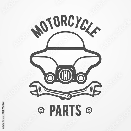 Abstract motorcycle shop or store logo made of windshield and crossed wrenches. Silhouette line style. Bike vector stock image.