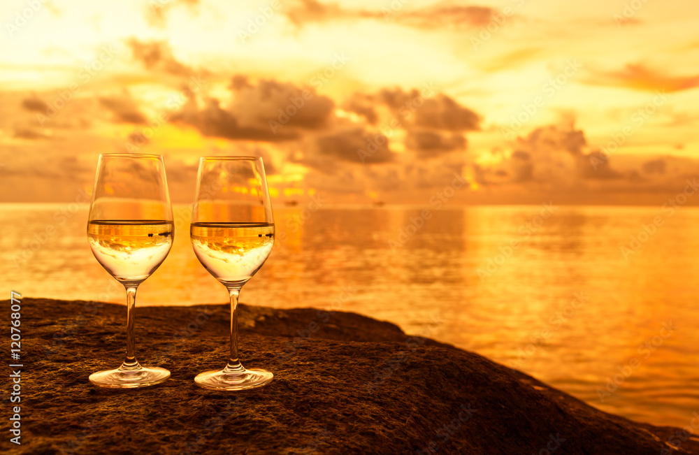 Pair of wine glasses. Romantic getaway concept. 