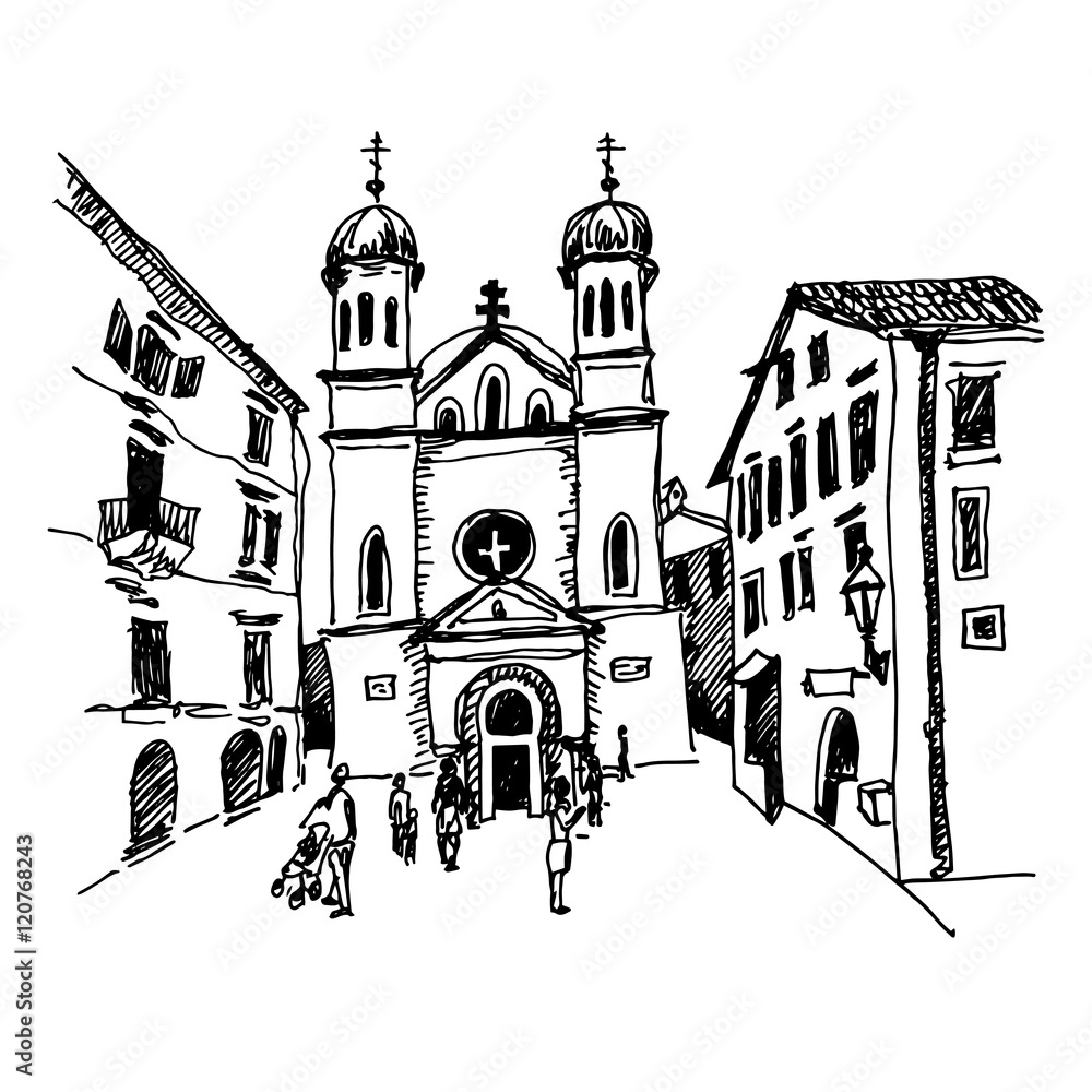 black and white sketch drawing of Church of Saint Tryphon in Kot