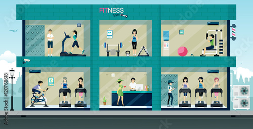 People are exercising in fitness gym with equipment and exercise machines.