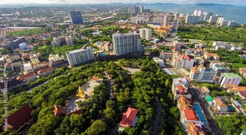 Aerial view of Pattaya, Thailand, including the Big Buddha statue atop the highest point of the city