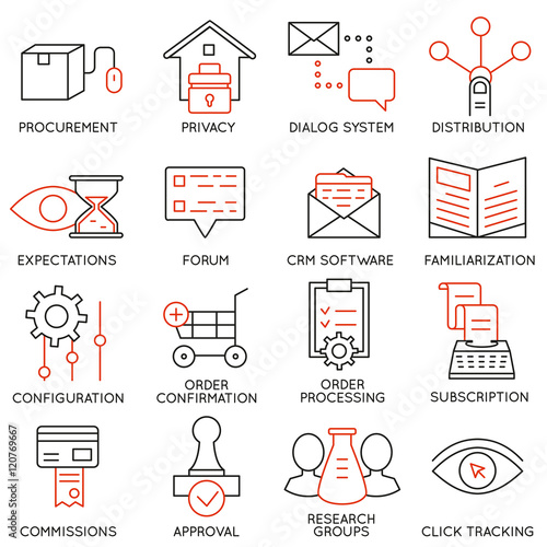 Vector set of 16 icons related to business management, strategy, career progress and business process. Mono line pictograms and infographics design elements - part 18