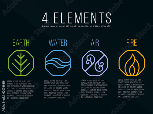 Nature 4 elements in octagon icon border sign. Water, Fire, Earth, Air. on dark background.