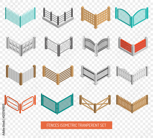 Fences Types Icons Isometric Transparent Set