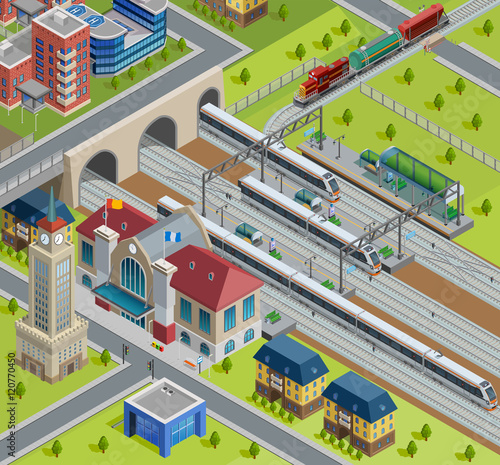 Train Railway Station Isometric Poster 