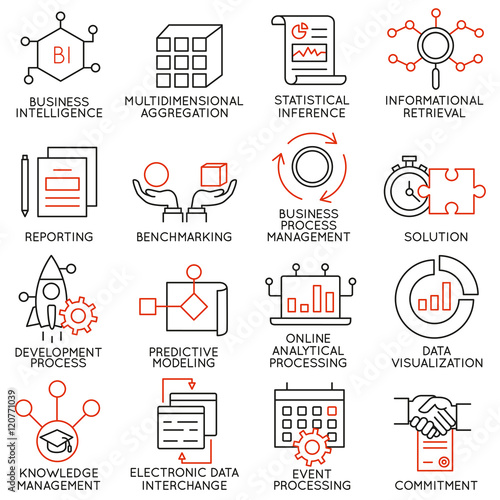 Vector set of 16 icons related to business management, strategy, career progress and business process. Mono line pictograms and infographics design elements - part 25