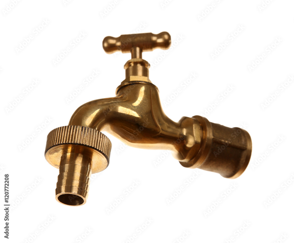 Metal tap isolated on white, saving water concept Metal tap isolated on white, saving water concept