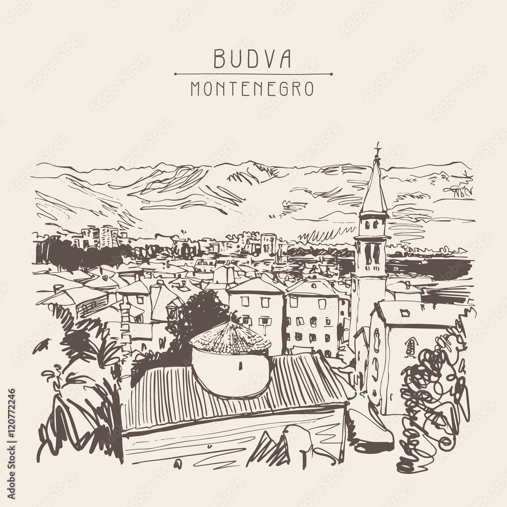 sketch art panorama of Budva Montenegro, vintage travel postcard