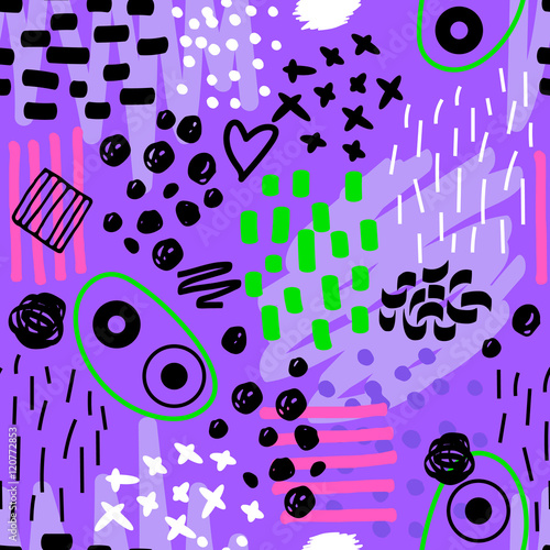 Abstract geometric seamless pattern with trendy hand drawn textures and elements on lilac background