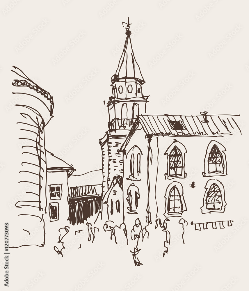 sketch drawing of the bell tower church top view in old town Bud
