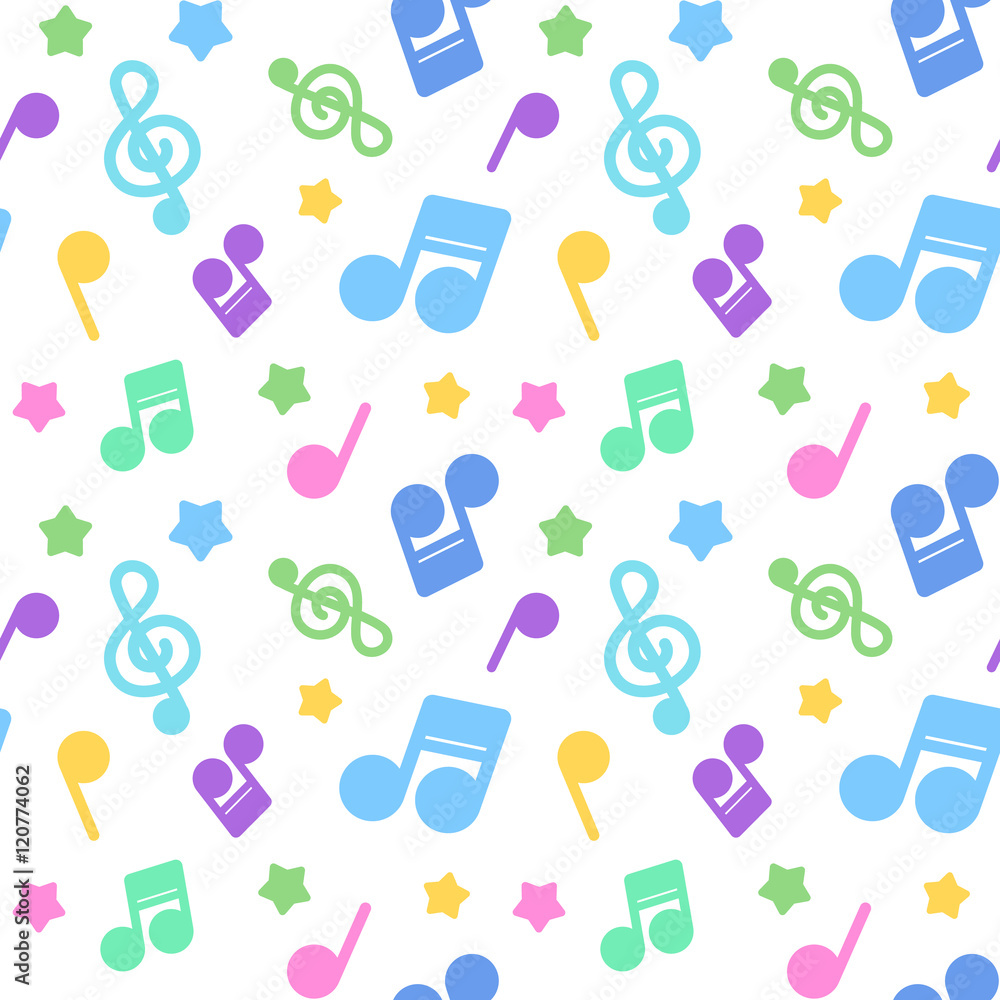ポップな音符イラスト柄 繰り返しシームレスパターン 白背景寒色系 ポップな音符イラスト柄 繰り返しシームレスパターン 白背景寒色系