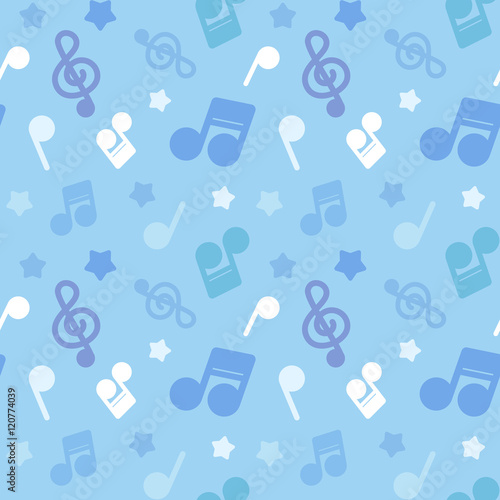 ポップな音符イラスト柄　繰り返しシームレスパターン　ブルー系