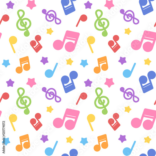 ポップな音符イラスト柄　繰り返しシームレスパターン　白背景レインボーカラー