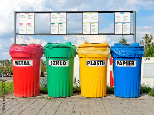 Photos Color coded trash bins for waste segregation described in languages: Polish, Eng