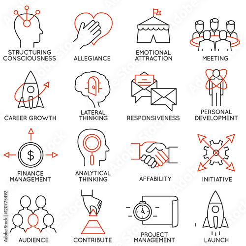 Vector set of 16 icons related to business management, strategy, career progress and business process. Mono line pictograms and infographics design elements - part 29
